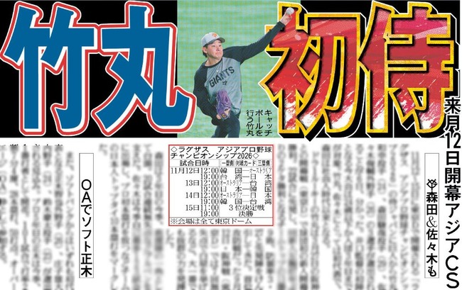 巨人・竹丸和幸、侍ジャパン初選出へ　森田駿哉＆佐々木俊輔も